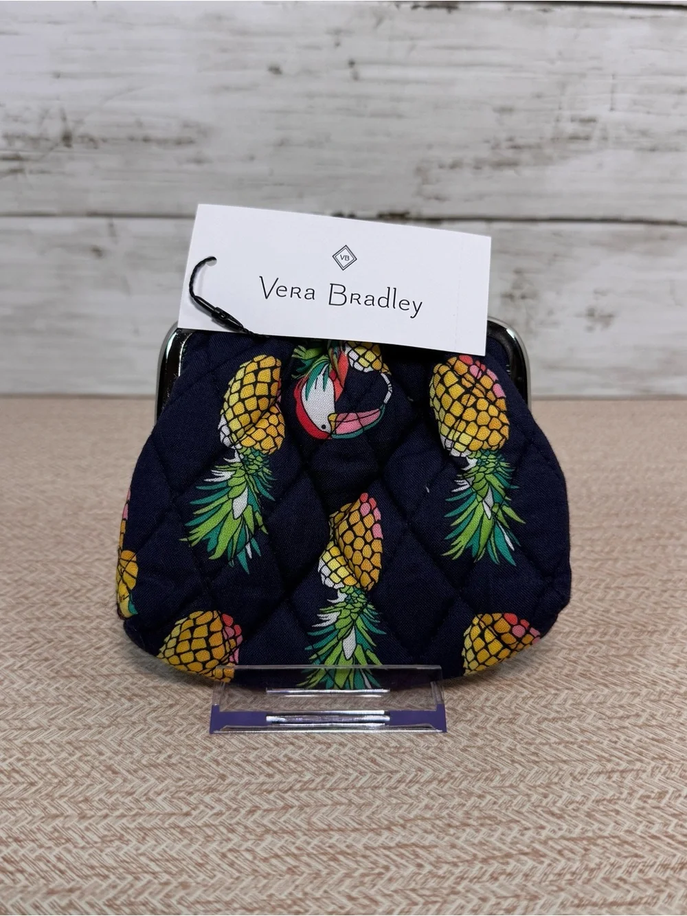 Vera Bradley Quilted Kiss Coin Purse Toucan Party Pineapple Navy NWT